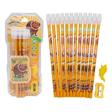 Imagem de TJLMCORP 12 lápis italianos de madeira Brainrot com apontador de lápis e suporte de caneta, nº 2 HB divertidos lápis de aniversário borrachas para estudantes, artigos escolares fofos para crianças