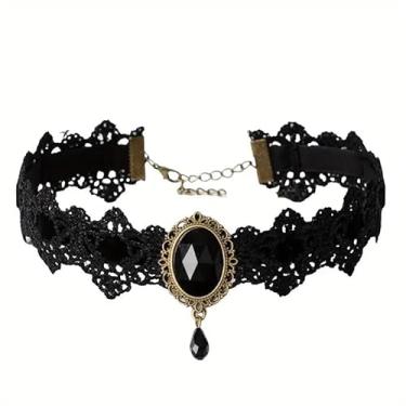 Imagem de Colar gótico de renda preta, colar de vampiro, corrente com pingente de strass, punk, bijuteria de fantasia de Halloween, 1 Size, Plástico, Sem Pedra Preciosa