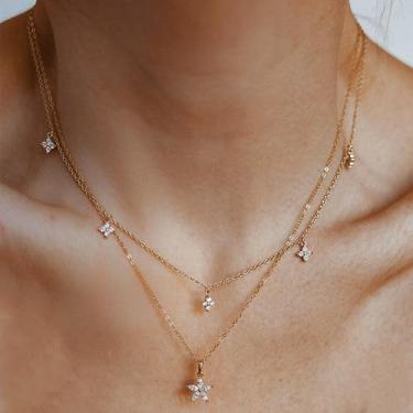 Imagem de Colares femininos de ouro em camadas, banhado a ouro 14K, empilhável, gargantilhas, colares modernos com pingente de estrela/lua, joias para mãe, Large, Metal, Sem Pedra Preciosa