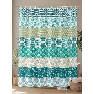 Imagem de Cortina de chuveiro para banheiro, boêmio, vintage, abstrata, geométrico, cortinas de banho à prova d'água, estampa azul-petróleo estilo étnico poliéster para decoração de banheira 91 x 182 cm