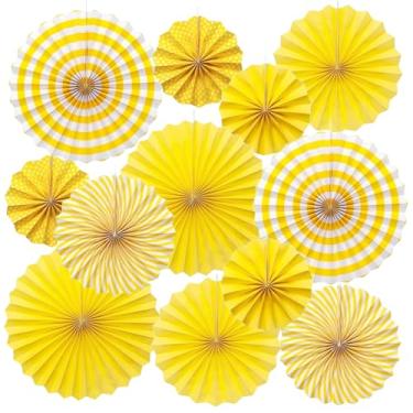 Imagem de INPLUSTOP Conjunto de 12 peças de leques de papel pendurados para festa, guirlanda de leque de padrão redondo amarelo, decorações de leque de papel, decorações de festa amarelas para aniversário