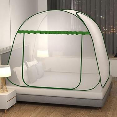 Imagem de Rede de Mosquiteiro Yurt Dupla para Cama – Proteção Anti-Mosquito, Sem Instalação, Fibra de Poliéster com Suporte de Aço Inoxidável(1.2米寬*2.0米長【全底防摔】,單門【雲頂墨綠】加大空間)