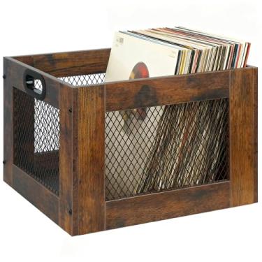 Imagem de NOVEMBER SPRING Organizador de discos de vinil – suporte de disco de madeira, porta-discos de cubo clássico para armazenar mais de 100 discos, porta-discos de vinil marrom para álbuns de fotos super
