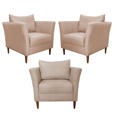 Imagem de Kit 3 Poltronas Decorativa Sala de Estar Pés Palito Lubbock Couro Bege - Gran Belo