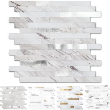 Imagem de Yipscazo 5 folhas de revestimento de azulejo de metal de pedra, cole em azulejos para cozinha, banheiro, lavanderia, acampamento, lareira (30 x 30 cm, branco brilhante Carla White)