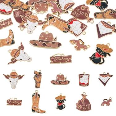 Imagem de Boutigem 20 peças de berloques ocidentais marrons de cowboy esmaltados de cowboy chapéu de cowboy bota de gato preto pingentes de gado para artesanato faça você mesmo brinco colar pulseira chaveiro