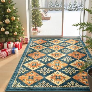 Imagem de HOMORE Tapete de entrada azul 7 x 12 cm, estampa xadrez de Natal, lavável, antiderrapante, tapete macio para cozinha, sala de estar, sala de jantar, quarto, tapete geométrico marroquino