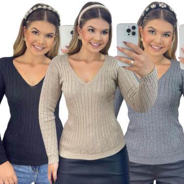 Imagem de Kit 3 Blusas FMF Femininas Suéter Malha Tricô Manga Longa-Feminino
