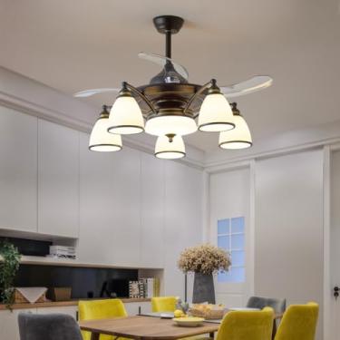 Imagem de Ventilador de teto moderno e discreto com luz LED para sala de estar, restaurante, quarto, escritório, casa de campo ou hotel, com controle remoto (5 lâmpadas, 1 unidade).