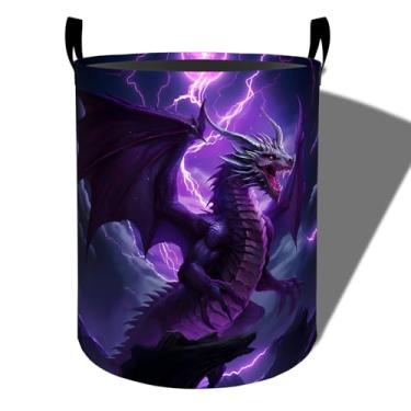 Imagem de amepay Dragão legal com cesta de lavanderia Lightning, pano Oxford dobrável, cesto de roupas sujas à prova d'água com alças, organizador de brinquedos para banheiro, quarto, dormitório, 50 x 39,9 cm