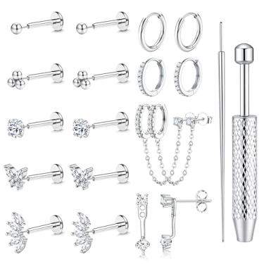 Imagem de LOLIAS 16G/18G/20G Brincos de costas planas para mulheres brincos de argola de aço cirúrgico sem rosca piercing de nariz hipoalergênico CZ cartilagem conjunto de brincos labret helix tragus conch