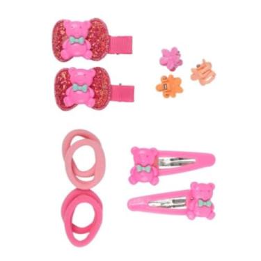 Imagem de Kit Completo Acessórios de Cabelo Infantil – Presilhas, Elásticos e Prendedores com Ursinho Rosa para Meninas e Bebês