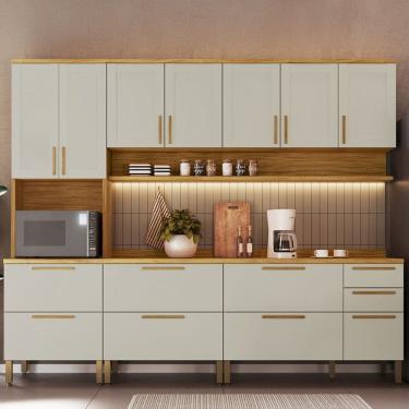 Imagem de Armário de Cozinha Americana com Balcão e Tampo 13 Portas 3 Gavetas Texas 100% Mdf Amêndoa/Off White - Pnr Móveis