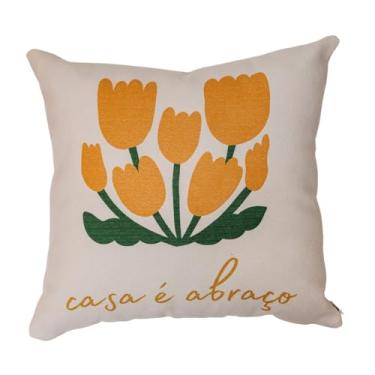 Imagem de Almofada Decorativa com Frase Casa É Abraço - Estampa com Flores Amarelas, Enchimento e Zíper (45 x 45 cm)