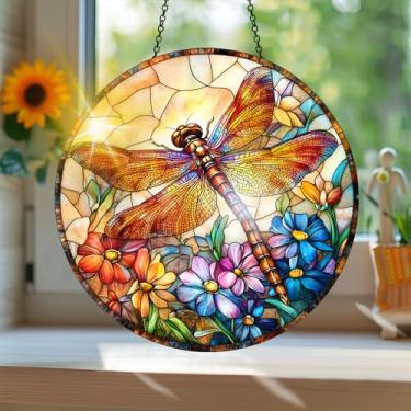 Imagem de Acrílico colorido Suncatcher, apanhador de sol estilo vitral impresso libélula com reflexos de arco-íris, decoração de janela suspensa, decoração de parede, ornamentos de Natal para uso interno e