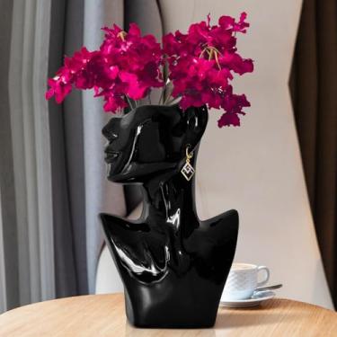 Imagem de LU & CAIBO Vaso preto para grama dos pampas, objetos decorativos de sala de estar, vasos pretos para decoração de casa, vasos de sala de estar, vaso moderno de 25,4 cm,