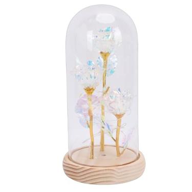 Imagem de Diydeg Rosa Em Cúpula de Vidro, Luzes de Flores de Rosa de Vidro LED Ornamento de Luminosa Decoração de de Com Luz LED para Mãe (3 rosas + tampa de vidro + base de madeira + luz quente)