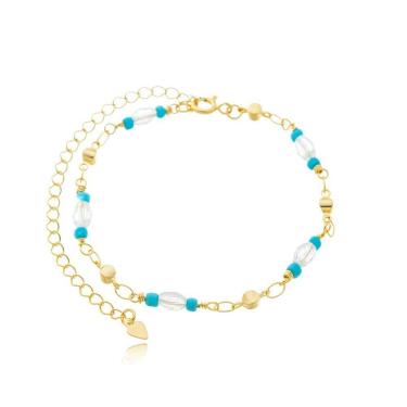 Imagem de Tornozeleira Feminina Missangas Azuis Banhada A Ouro 18k