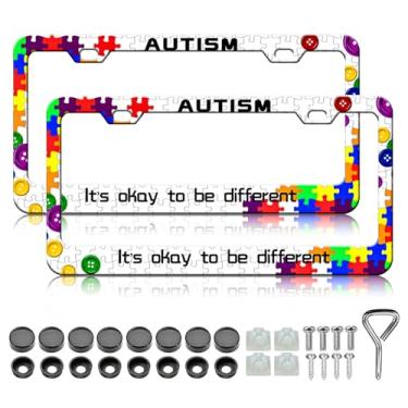 Imagem de Molduras para placa de licença para autismo - Pacote com 2 capas de suporte de placas de carro para quebra-cabeça de conscientização frontal e traseira, moldura de etiqueta de carro à prova d'água de