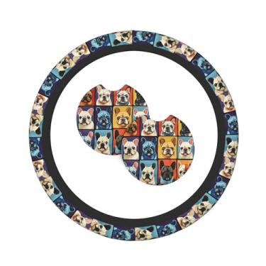 Imagem de Bulldog Conjunto de 3 peças de decoração de capa de volante com 2 porta-copos, conjunto de interior de carro universal antiderrapante e confortável – serve para volantes de 14,5 a 15 polegadas para