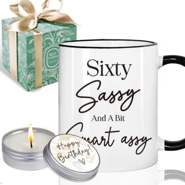 Imagem de Puouoonyi Caneca de café engraçada de 60 anos com conjunto de velas - Sessenta presentes atrevidos, 60 anos, presente de feliz aniversário de 60 anos, caneca para mulheres, esposa, avó, mãe, filha