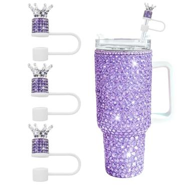 Imagem de JIASHEBDE Conjunto de 3 peças de topo de palha de diamante de coroa para copo Stanley - Capas de palha brilhantes com strass brilhantes para copos de 30 e 1,134 g, 21 cores para presente de princesa