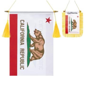 Imagem de Pacote com 2 bandeiras de parede da Califórnia, mini bandeira californiana pendurada na janela do carro, acabamento acetinado, tecido resistente, bandeiras patrióticas para decoração de espelho