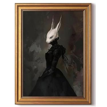 Imagem de Arte de parede emoldurada dourada em tela vintage arte de parede coelho senhora estética sombria academia coelho da Páscoa impressões de arte imagem para sala de estar quarto fazenda banheiro