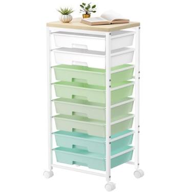 Imagem de Carrinho de rodinhas com 8 gavetas, carrinhos de armazenamento de gaveta de plástico com rodas e mesa de madeira, organizador de carrinho utilitário de metal para quarto, sala de estar, escritório