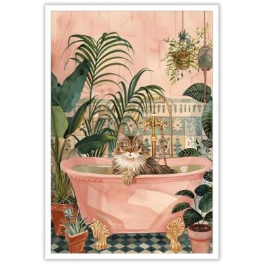 Imagem de Arte de parede em tela de banheiro de gato engraçado - Gatinho fofo na banheira rosa chuveiro com plantas tropicais e vasos de flores - Decoração de banheiro à prova d'água para banheiro, spa