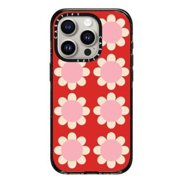 Imagem de CASETiFY Capa Impact para iPhone 15 Pro [4x proteção de grau militar contra quedas de 2,5m/compatível com Magsafe] – Floral retrô vermelho e rosa – Preto/Transparente