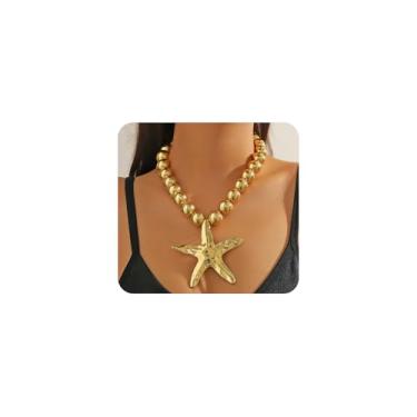 Imagem de Colar grande com pingente de estrela do mar banhado a ouro para mulheres, grosso, estrela-do-mar, gargantilha de pérola, colar de contas de estrela do mar, joias de praia, presentes, Large, Metal, Sem