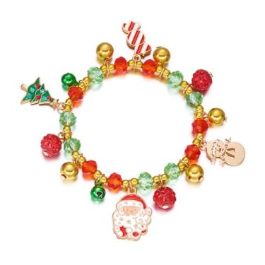 Imagem de RLHRNDE Conjunto de pulseiras de contas de cristal de Natal para homens e mulheres feitas à mão com contas coloridas brilhantes e elásticas de Natal, floco de neve, boneco de neve, sino, Papai Noel