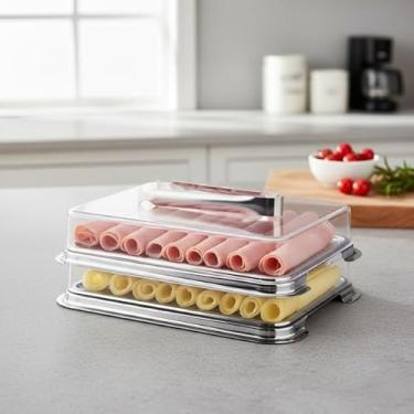 Imagem de Porta Frios Duplo Aço Inox Tampa de Acrílico Transparente Empilhável com Pinça Moderno Pratico Queijeira Presunteira Queijo Presunto Qualidade Mesa Cozinha Geladeira Cafe Manha