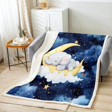 Imagem de Lindo cobertor de cama de elefante para todas as estações para meninos e meninas, desenho animado lua, céu noturno, cobertor de flanela de galáxia estrelada, cobertor dourado azul marinho para sofá