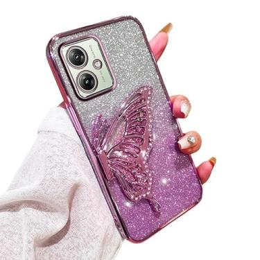 Imagem de Capa borboleta 3D para Motorola G54 capa fofa luxuosa com glitter brilhante borboleta fluindo líquido capa protetora de silicone macio TPU galvanizado à prova de choque compatível com Moto G54 (D)