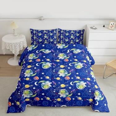 Imagem de Erosebridal Jogo de cama Queen astronauta dinossauro – Conjunto de edredom temático universo planeta para crianças, meninos, meninas, galáxia, foguete galáxia, lua e estrelas, decoração de quarto com