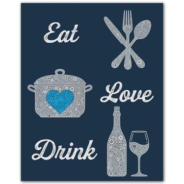 Imagem de ZUKIY Eat Love Drink Trio - Decoração de parede de cozinha azul marinho - Arte de parede de cozinha azul - Impressões contemporâneas - Pôster de sala de jantar - Decoração moderna para casa - Pôster