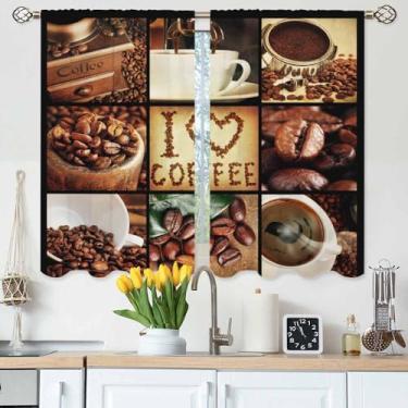 Imagem de Gpiaoyfo Cortinas de café para cozinha, feijão torrado, máquina de café e xícara de café expresso, cortinas de camada curta para banheiro, café, tratamento de cortinas de janela pequena, 2 painéis