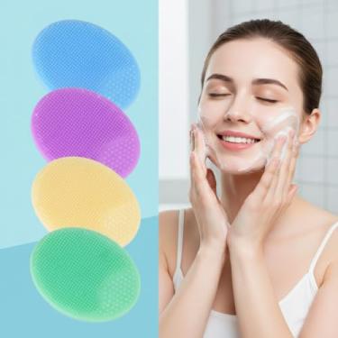 Imagem de Pacote com 4 esfregões faciais, escova de limpeza facial de silicone macio, cuidados com cravos e acne, escova de lavagem facial para crianças/adultos, limpeza de cuidados com a pele, 5 x 6 cm (6 x 5