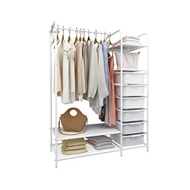 Imagem de GNHGDFFDF Suporte simples e moderno para roupas, cabide independente com rodas, escorredor com ganchos, prateleira de armazenamento e gavetas para quarto, dormitório, sala de estar