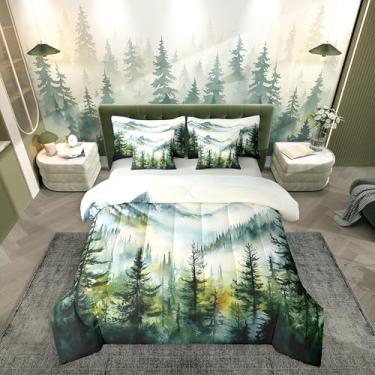 Imagem de Erosebridal Conjunto de cama solteiro Smoky Mountain, 7 peças, pintura a óleo, árvores, paisagem de árvore enevoada, inclui edredom, conjunto de lençol, fronhas e fronhas, decoração de quarto com tema