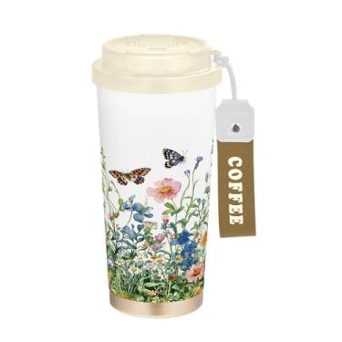 Imagem de SEHANY Caneca de viagem borboleta e flores de 482 ml Copos de café reutilizáveis revestidos de cerâmica com tampa à prova de vazamento, parede dupla, isolamento a vácuo, copo de café de aço inoxidável
