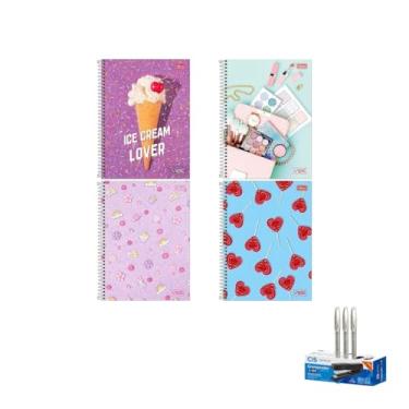 Imagem de Kit Caderno Universitário Vibe Feminino 1M 80F Tilibra Caneta Trigel Branca 0.8mm Grampeador Metallic C-15