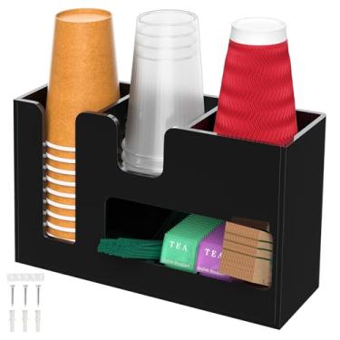 Imagem de Kucle Organizador de estação de café de 2 camadas para bancada, 4 compartimentos de acrílico preto para copo e tampa de armazenamento de condimentos de chá, organizador de café vertical, dispensador