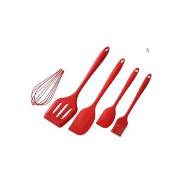 Imagem de Kit Utensílios de Cozinha de Silicone, 5 Peças, Vermelho e Preto, Resistente ao Calor, Inclui Pincel, Batedor, Espátulas