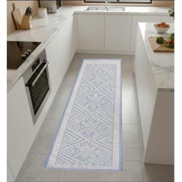 Imagem de Tapete Passadeira Istambul, Design Geométrico, Branco e Bege, Atoalhado Macio e Durável, 153 x 53 cm, Linha Luxo (Cinza Claro)