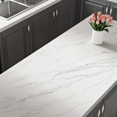 Imagem de Stickyart Papel de contato para bancada de mármore de 91,44 cm x 406,36 cm à prova d'água branco fosco papel de contato com aparência de granito removível autoadesivo vinil mármore parede decorativo para cozinha
