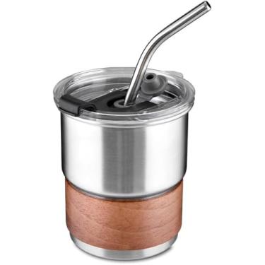 Imagem de Copo de Café em Inox 250ml com Tampa Hermética e Canudo – Aço Inox 304, Pegador em Fibra Natural e Acabamento Fosco Prata