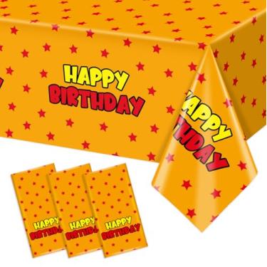Imagem de Tewess 3 peças de toalha de mesa de plástico com tema anime estrelas laranja e vermelhas, feliz aniversário, festa, impermeável, capas de mesa de aniversário para meninos 137 x 274 cm